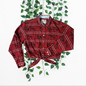 Vintage Wrangler Cropped Tie Front Button down | Red w Black Horse print - Large